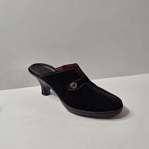 Cole Haan Black Minimalist Preppy Suede Almond Toe Slip On Heeled Mules Size 9AA